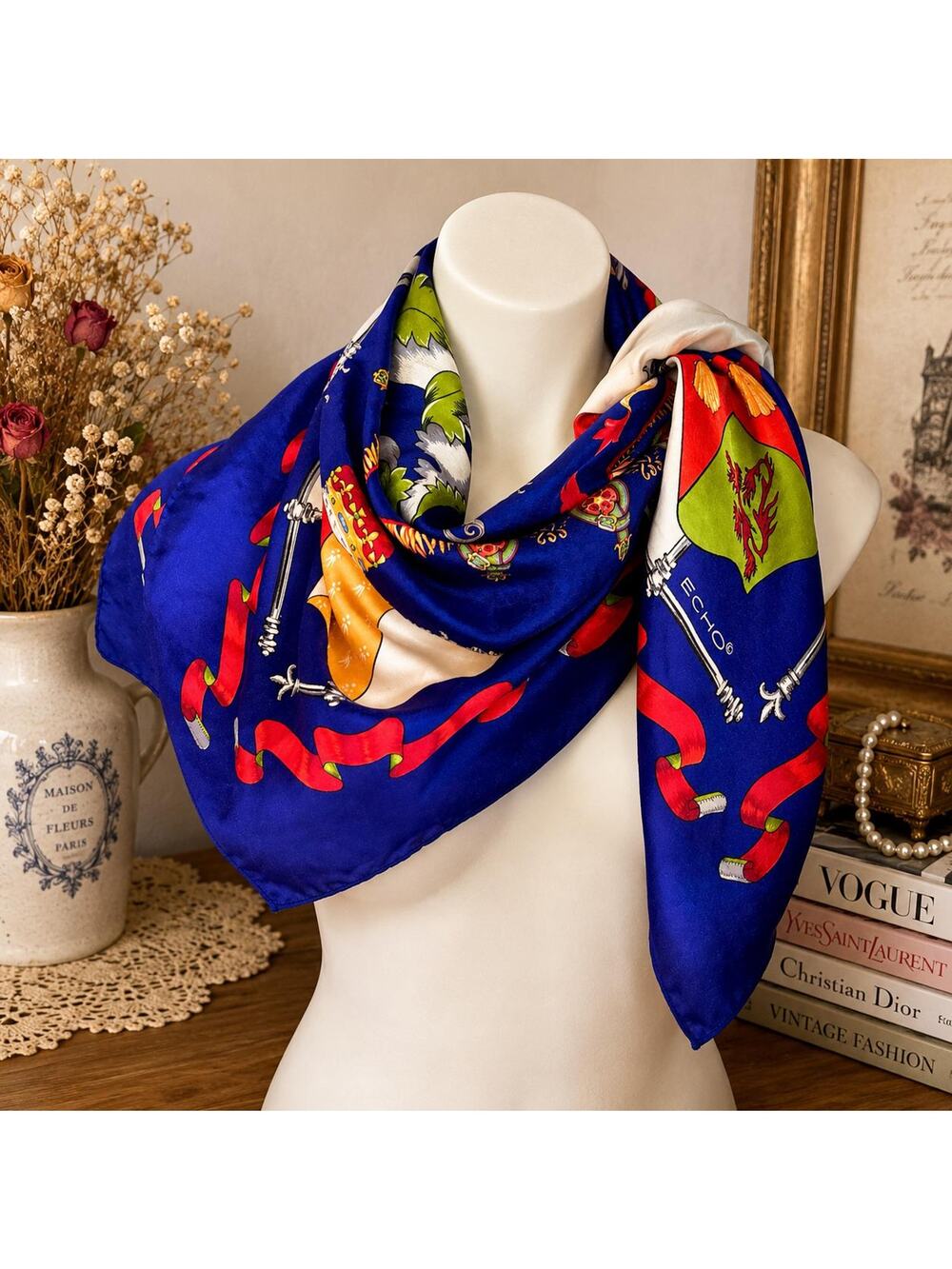Vintage Echo Silk Scarf 35” Royal Blue Heraldic Coat of Arms Crest 1980s